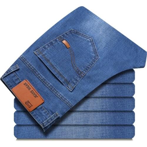 Summer Thin Denim New Men Formal Wear Jeans Business Casual Stretch Slim Classic Style High Quality Denim Trousers Male