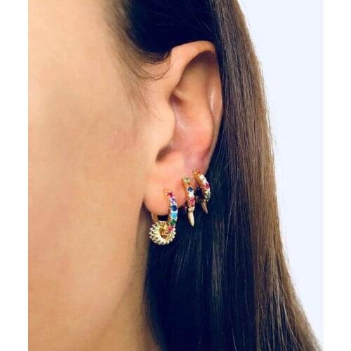 Geometric circle round small rainbow cz hoop earring hang 3 mini green blue purple round circle earring jewelry for lucky girls