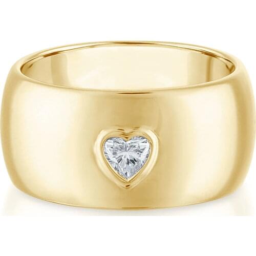Gold Color Band Ring Wide Big Band Simple Singe Stone Design Heart CZ Ring