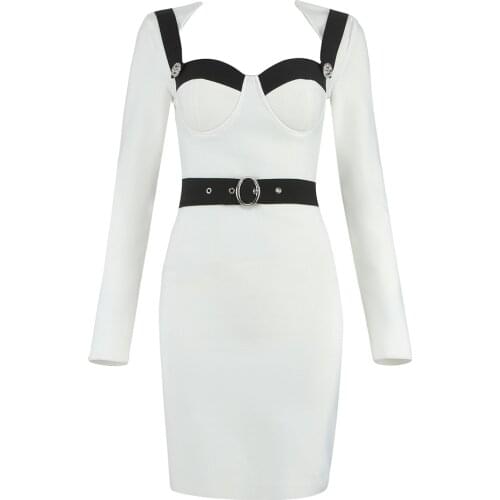 Nice New Bandage Dress Sexy Long Sleeve White With Belt Women Dress Ladies Clothing Bodycon Club Celebrity Party Dress