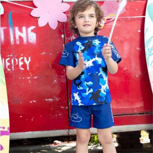 Boy Swimwear Children Graffiti Shark Swimsuit 2021 New Korean Cartoon Big Kids Cute Short-Sleeved Sunscreen Swimsuit Badeanzug