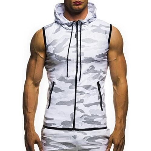 Men Hoodies Sweatshirt Summer Tops Sleeveless Gym Fitness Camouflage Mesh Hoodies Zip Up Hooded Men Sports Vest Hoodies