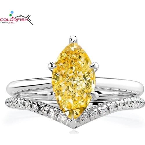 COLORFISH 5mm x 10mm Marquise Cut Rings Set Sterling Silver 1 ct Yellow Pink Purle Cubic ZIrconia Engagement Ring Set for Women