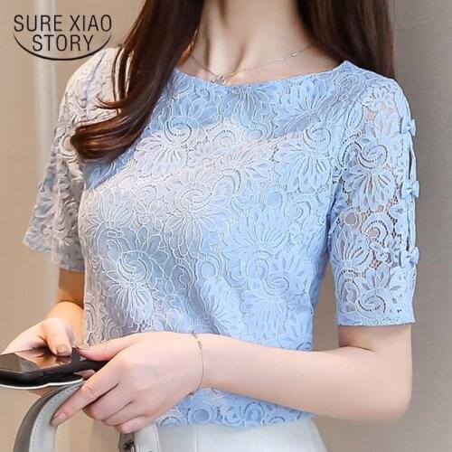 New Short Sleeve Women Tops Korean Lace Women Blouses Shirt Hollow Lace Blouse Women Female Blusas Feminine 0361 40