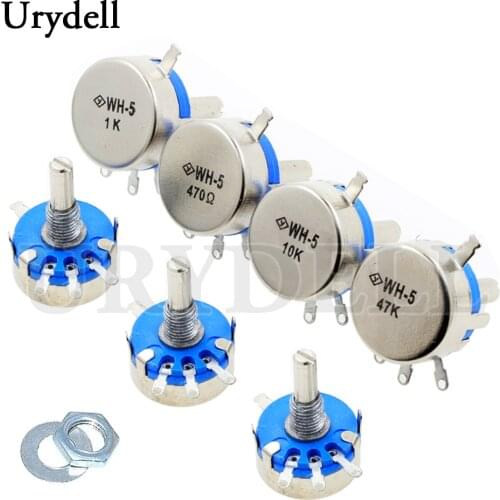 2pcs WH5-1A 470R 1K 2.2K 4.7K 10K 22K 47K 100K 220K 470K 1M Ohm 3-Terminals Round Shaft Rotary Taper Carbon Potentiometer WH5