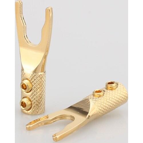 8pcs Pure copper 24K Gold Plated Spade Plug Speaker Cable Fork Plug Screw locking Spade Connector Terminal Plug adapter