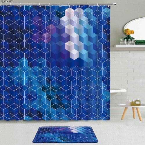 2Pcs Luxury Blue Geometric Shower Curtain Nordic Style Stripes Pattern Non-Slip Bath Mat Bathroom Curtains Fabric Set Decoration