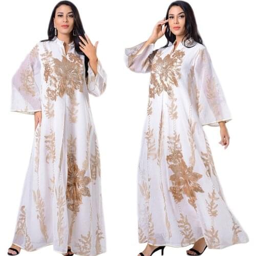 Luxury Women Golden Sequin Embroidery Maxi Long Dress Arabic Turkey Oman Morocco Dubai Abaya Eid Muburak Jalabiya Kaftan Gown