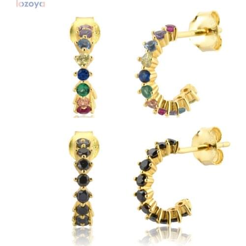 LOZOYA 925 Sterling Silver Piercing Pendiente Opals Circle Zircon Hoops 8mm Round Crystal Rock Punk Luxury Ohrringe Jewelry