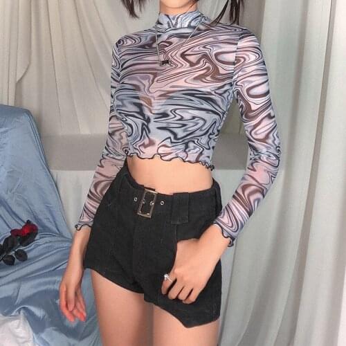 Turtleneck Sexy Women Short-length T-shirt 2021 Autumn Lady Basic Long-sleeve Transparent Hipster Tshirt Outdoor Cool Print Top