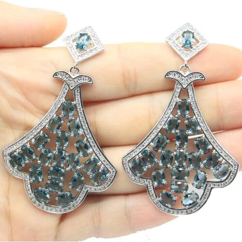 56x20mm Gorgeous Created Long Violet Tanzanite Golden Citrine CZ For Women Bride Wedding Silver Earrings