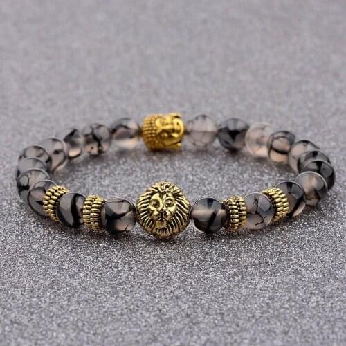 Charm Men Gold Lion&Buddha Beads Natural Dragon Pattern Stone Meditation Buddhism Bracelets&Bangles Bileklik AB057