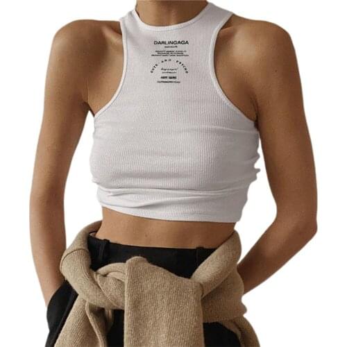 Summer Women Rib Knit Crop Tops Sexy Sleeveless O-Neck Letter Print Slim Fit Racer Tank White Black Female Clothing
