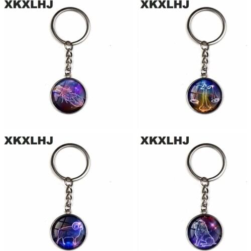 XKXLHJ New 12 Constellation Art Picture Bump Glass Key Chain, Virgo, Leo, Aries, Gemini. Fashion Lady Lucky Keychain Jewelry