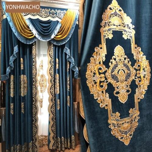 Custom curtain European palace luxury living room thick velvet royal blue cloth blackout curtain valance tulle panel C342