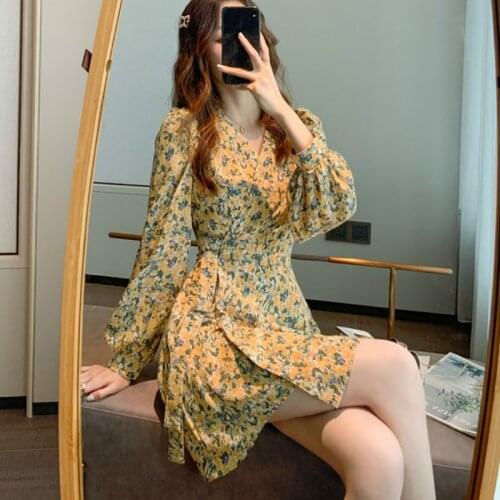Women Printed Floral Vintage Chiffon Dress 2020 Autumn Spring Female Vestido Long Sleeved High Waist V-neck Casual Mini Dresses