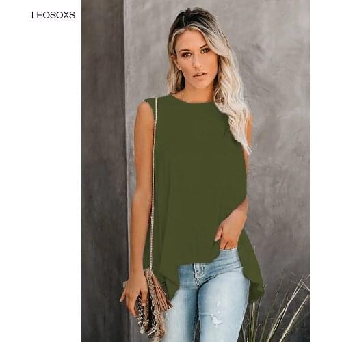 Womens 2021 Solid Color Base Medium Length Vest T-shirt Womens Round Neck Sleeveless Irregular Pullover Summer