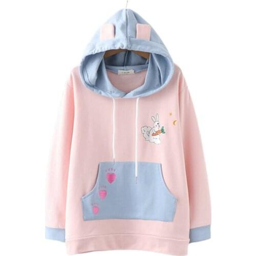 Women Hooded Sweatshirts Cartoon Rabbit Embroidery Long Sleeve Tracksuits 2021 Autumn Casual Pockets Harakuju Hoodies