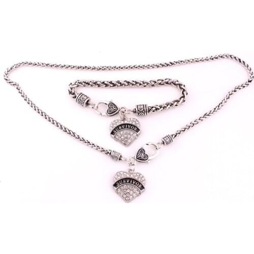 Jewelry Set For Female Necklace And Bracelet SURVIVOR Written In Heart Pendant Sparkling Crystals Zinc Alloy Dropshipping