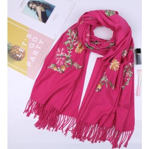 2021 Winter Women Hijab Embroidered Scarf Shawls and Wraps Lady Solid Female Hijab Stoles Long Cashmere Pashmina Foulard Scarves