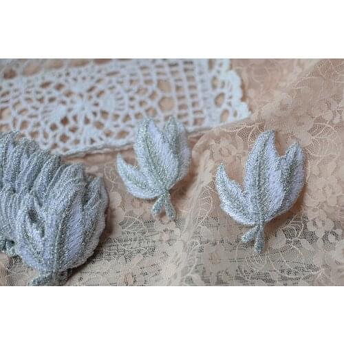 10Pcs/6.5*4.7Cm Silver Thread Embroidered mesh Leaf Appliques Garment Accessories Patch DIY Scrapbook Card Craft Decoration