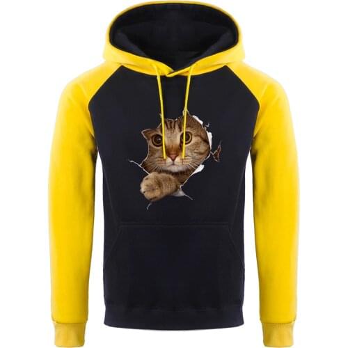 2020 Fashion Cute Voyeur Cat Print Hoodies Men Fashion O-Neck Streetwear Cartoons Pocket Hoody Fashion Raglan Sweatshirts Mens