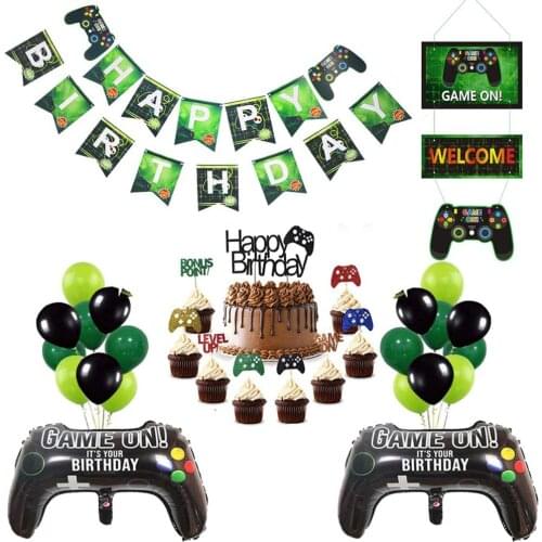 59pcs/set Game on Balloons Black Gamepad Boy Game on Banner Birthday Party Decorations Kids Black Match Props Gaming Cake Topper