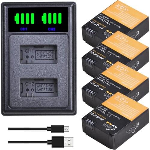 For Gopro Hero 3 Battery 1250mAh AHDBT-301 Hero3 Battery USB Dual Charger Battery Case for GOPRO3+ 302 Action Camera Accessories