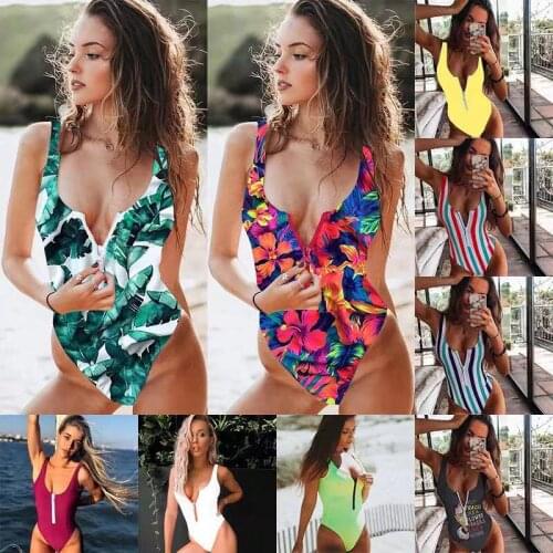One-piece Swimwear Women Floral Print Zipper Swimsuit Monokini Sexy Bathing Suit Push Up Biquini Brazilian Female Beachwear New