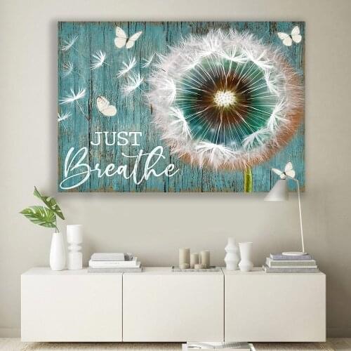 Rustic Canvas Wall Art Just Breathe Quotes Poster Turquoise Dandelion Butterflies Art Prints Country Style Wall Decor Farmhouse