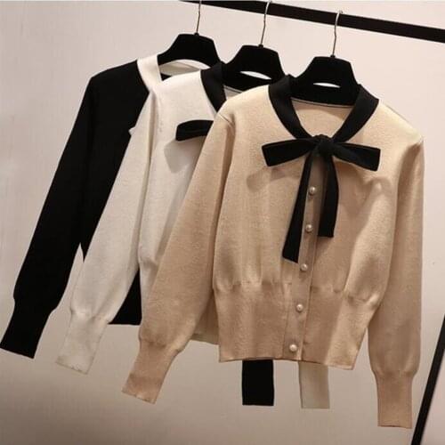 Elegant Ladies Sweaters Pearl Bow Tie Neck Women Pullovers Casual Patchwork Pull Sleeve Jumper Slim Long Sleeve Knitted Sweaters