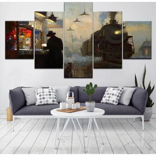 Railway station painting art train 5 Piece Wallpapers Art Canvas Print modern Poster Modular art painting for Living Room Decor
