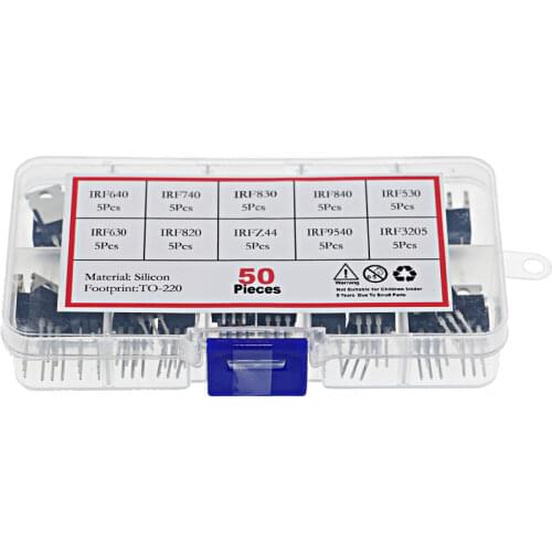 50Pcs/Box 10Value Field effect transistor Kit set IRF3205 IRF640 IRF740 IRF830 IRF840 IRF530 IRF630 IRF820 IRFZ44 IRF9540 IRF820