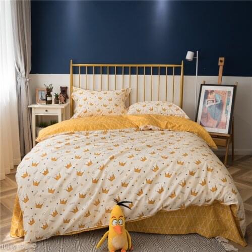 4pcs kids cartoon crown print duvet cover bed sheet set 100% cotton bedding sets queen size bed linen yellow satin spread king