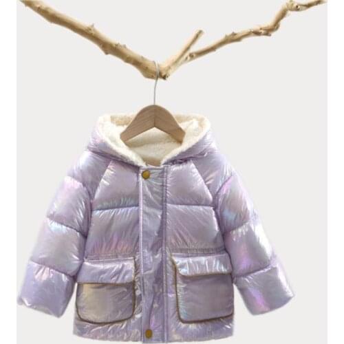 Baby Boys and Girls Plus Velvet Padded Cotton Clothes Childrens Comfortable Jackets Hooded Bright Leather Coats Winter Clothes