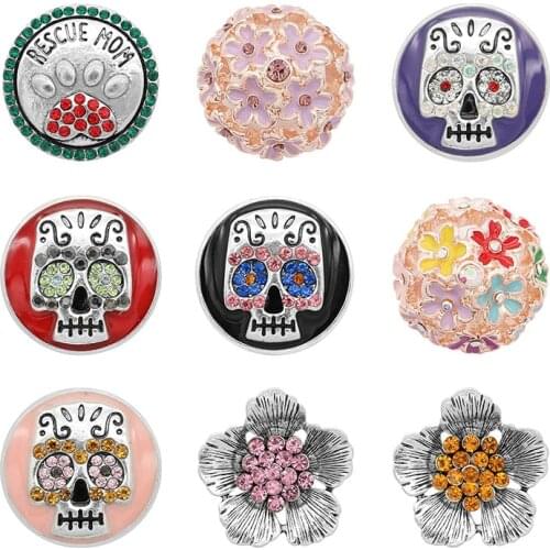 Skull Rhinestone Flower 20mm Metal snap button jewelry DIY bracelet KD1083