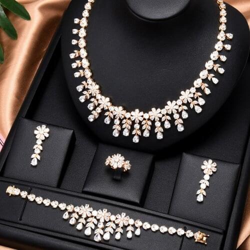 Missvikki High Quality Wedding Lucky ginkgo Necklace Bangle Earrings Ring 4PCS Jewelry Set Party Show full Cubic Zirconia 2021