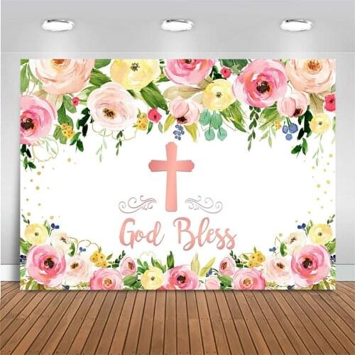 Mocsicka God Bless Newborn Baptism Backdrop Floral Green Leaves My First Communion Photo Background for Photo Studio Photocall