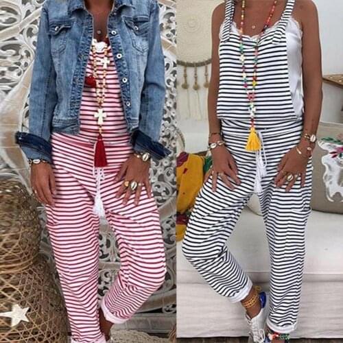 80% HOT SALES！！！Plus Size Women Striped Print Pocket Tassel Drawstring Long Jumpsuits Overalls