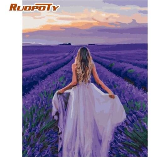 RUOPOTY 50x65cm Framed Oil Painting By Numbers Walking In Flower Woman Figure Paint By Number Handmade Wall Arts Unique Gifts