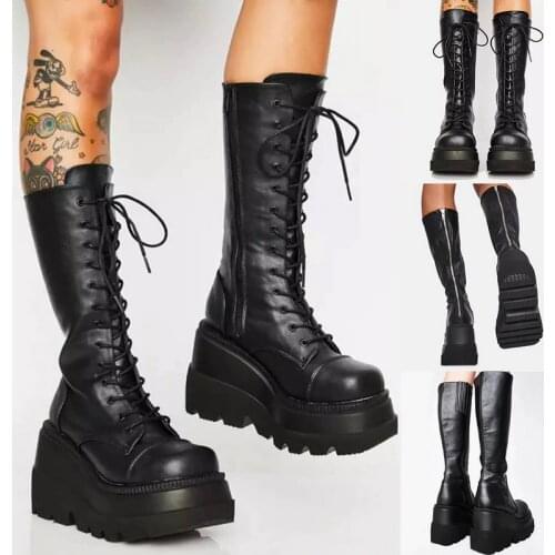 Platform Boots Women Wedge Knee High Boots Winter Ladies Shoes Leather Riding Zipper thick bottom Long Boots Autumn Fall 2020