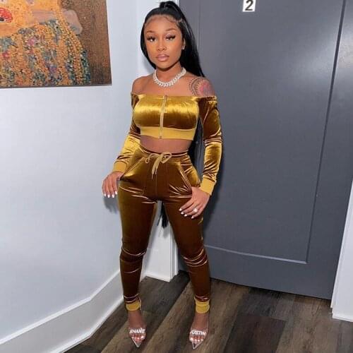 Sexy Velvet Women Tracksuit 2 Piece Set Winter Fashion Clothing Off Shoulder Crop Top Pants Club Outfits Matching Sets