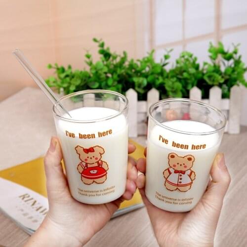 Japanese Style Cute Bear Glass Cup with Straw Transparent Letters Coffee Milk Couple Mug Insulated Drinking Cups Drinkware Gift
