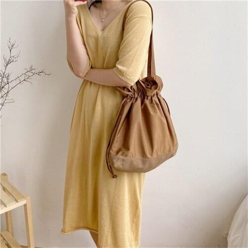 Single Shoulder Bag Korean Ins Girl Solid Color Fold Canvas Drawstring Soft Canvas Bag