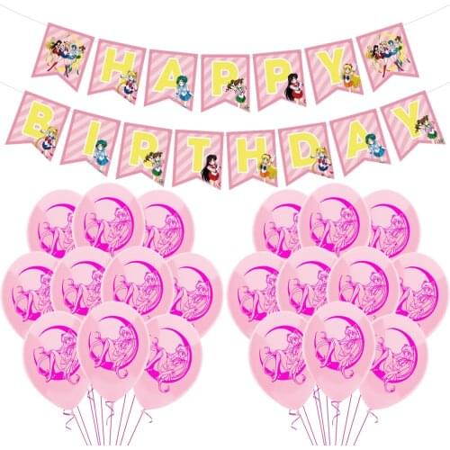 1set Sailored Moon Balloons Rose Pink Princess Latex Ballons Cartoon Cute Baby Girl Hero Flag Happy Birthday Party Decorations