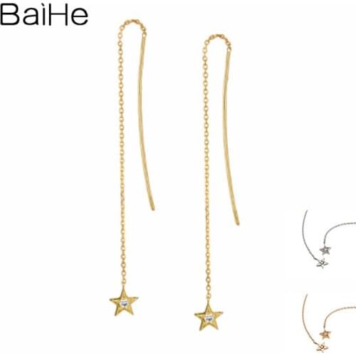 BAIHE Solid 14K Yellow Gold Round 0.04ct Natural Diamonds Engagement Trendy Fine Jewelry stars Earrings Women серьги 2020 тренд
