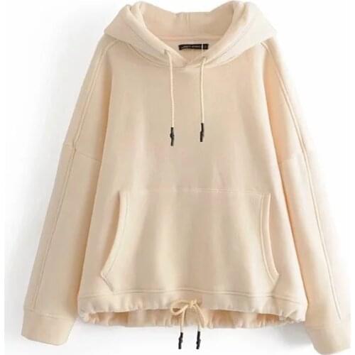 Ladies Casual Long-Sleeved Kangaroo Pocket Solid Color Hem Drawstring Ruffle Winter Hooded Sweater
