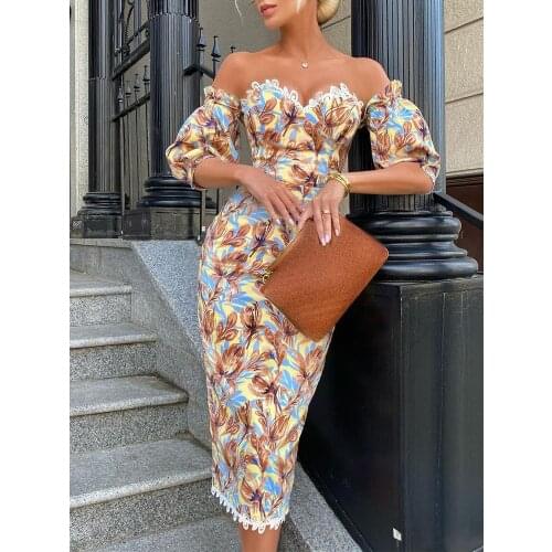 Y2K Sexy Print Lace Trim Off the Shoulder Puff Sleeve Elegant Straight Midi Vestidos De Fiesta Casual Slim Daily Floral Dress