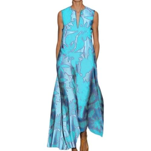 Autumn Summer Women Dress Leaf Printing Loose Bohemian Sleeveless Wide Hem Plus Size Long Dress