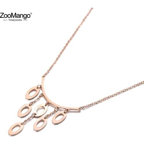 ZooMango Vintage Titanium Stainless Steel 6Pcs Oval Geometry Pendant Necklace Jewelry Trendy Charm Necklace For Women ZN19115
